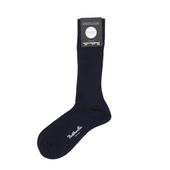 Crafted from fine Egyptian cotton lisle yarn, the Pantherella Navy Danvers Ankle Socks feature a ribbed texture and a black label with white text at the top.