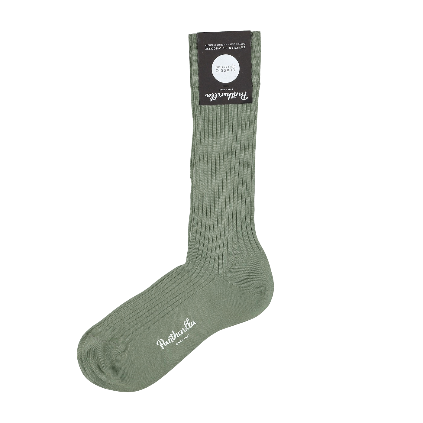 The Sage Egyptian Cotton Isle Danvers Ankle Sock by Pantherella is a single green ribbed men's dress sock made from premium cotton lisle yarn with "Pantherella" and "Made in England" branding attached.