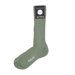 The Sage Egyptian Cotton Isle Danvers Ankle Sock by Pantherella is a single green ribbed men's dress sock made from premium cotton lisle yarn with "Pantherella" and "Made in England" branding attached.