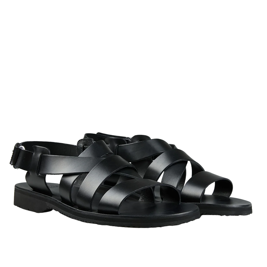 Paraboot Black Lis Noir Leather Noumea Sandals with buckle closure on a transparent background.