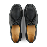 A pair of Lis Noir Leather Michael Derbies black calf leather shoes with laces on a transparent background.