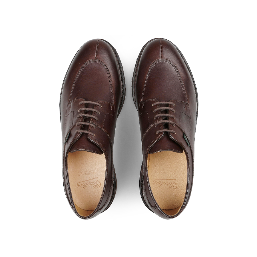 A pair of Paraboot Brown Lis Cafe Avignon Split-Toe Derbies, featuring Norwegian-welt construction and laces, viewed from above on a white background.