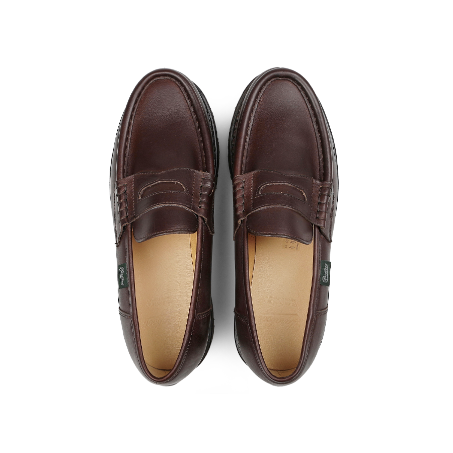 The Paraboot Brown Lis Cafe Leather Reims Loafers feature elegant stitching details and are crafted with a Norwegian-welt construction, viewed from above.