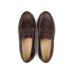 The Paraboot Brown Lis Cafe Leather Reims Loafers feature elegant stitching details and are crafted with a Norwegian-welt construction, viewed from above.