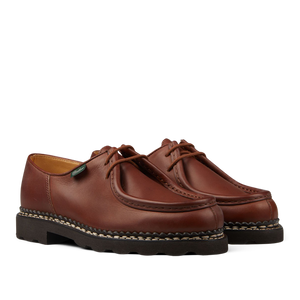 The men's Paraboot Brown Lis Marron Leather Michael Derbies, made with calf leather, are shown on a white background.