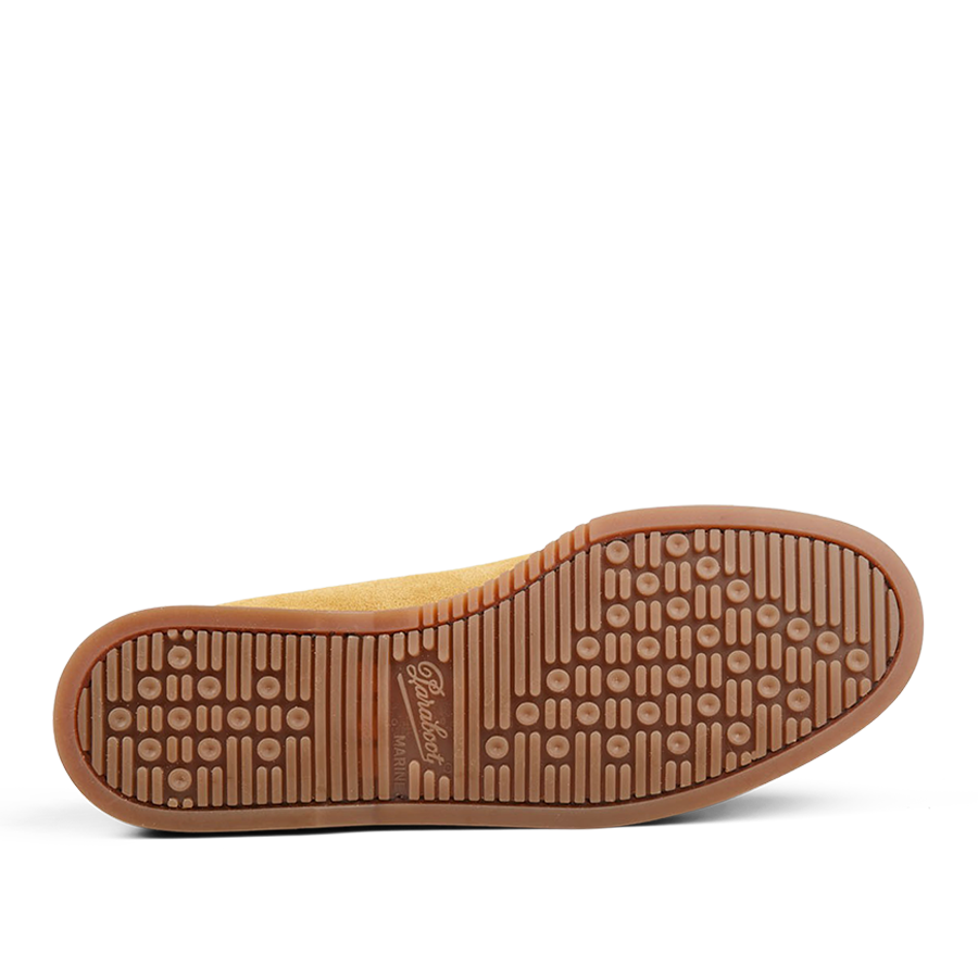 The image displays the bottom of a Paraboot Light Beige Suede Leather Barth Moccasins shoe with a brown tread pattern.