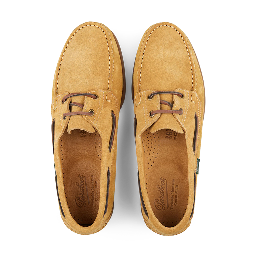 A pair of light beige suede leather Paraboot Barth Moccasins with leather laces viewed from above.