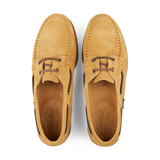 A pair of light beige suede leather Paraboot Barth Moccasins with leather laces viewed from above.