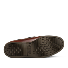 A dark brown leather boat shoe with a black rubber sole featuring a tread pattern.

Product Name: Maroon America Leather Barth Moccasins
Brand Name: Paraboot

Revised Sentence: A Maroon America Leather Barth Moccasins boat shoe by Paraboot with a black rubber sole featuring a tread pattern.