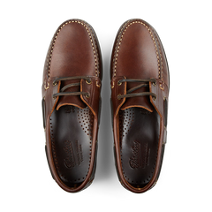 A pair of new Maroon America Leather Barth Moccasins boat shoes with laces on a white background by Paraboot.