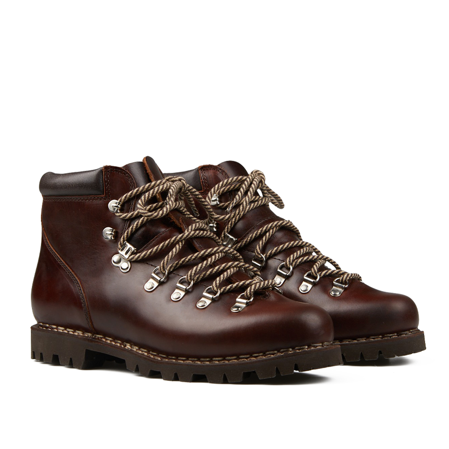 A pair of Marron Lis Ecorce Leather Avoriaz hiking boots by Paraboot featuring thick light brown laces and sturdy commando rubber soles.