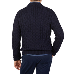 Peregrine Navy Blue Merino Wool Hudson Aran Jumper Back