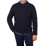 Peregrine Navy Blue Merino Wool Hudson Aran Jumper Front