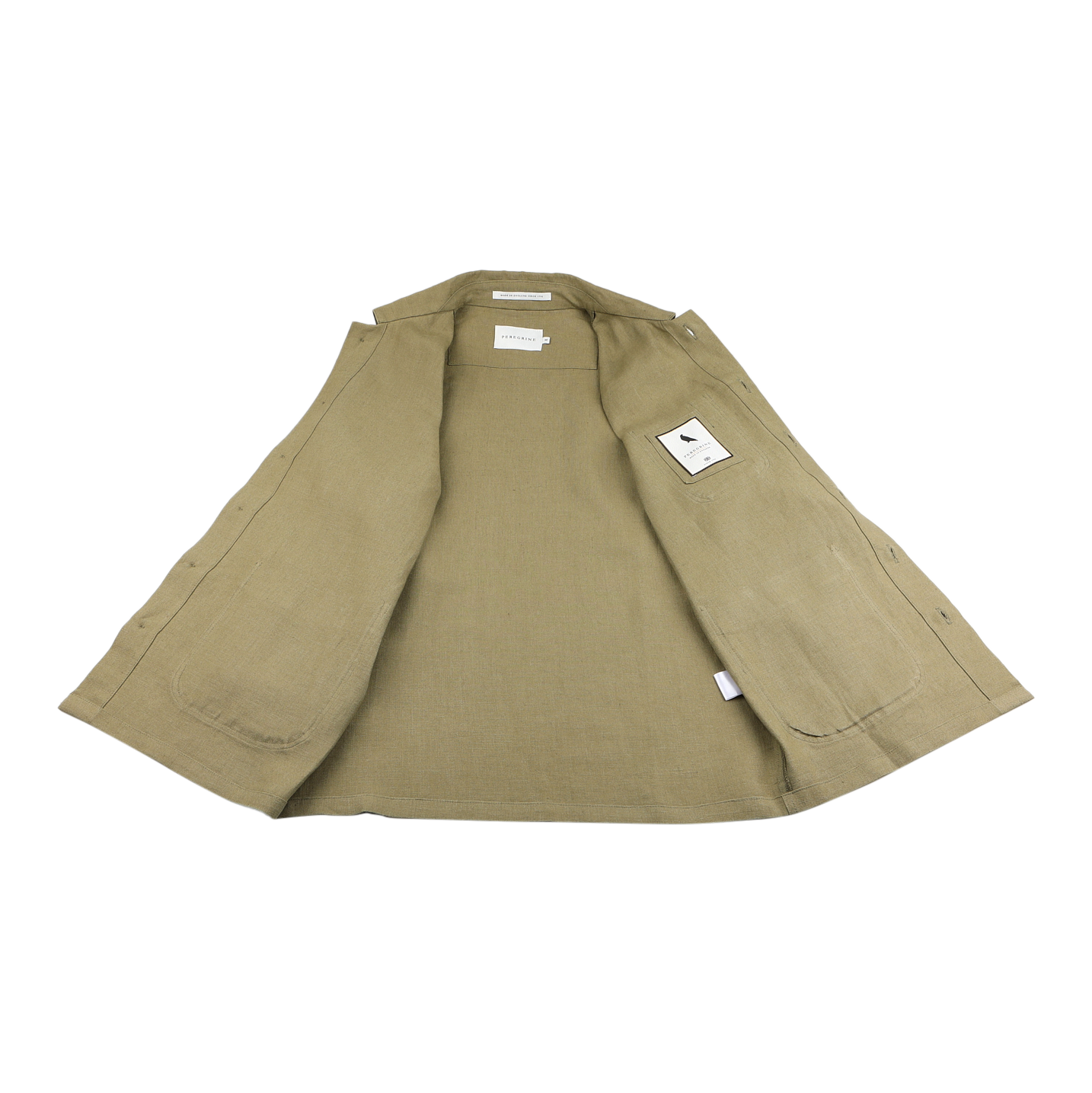 The Peregrine Khaki Green Linen Grange Shacket is displayed flat on a white surface, showcasing its pure linen interior and a tag on the right side.