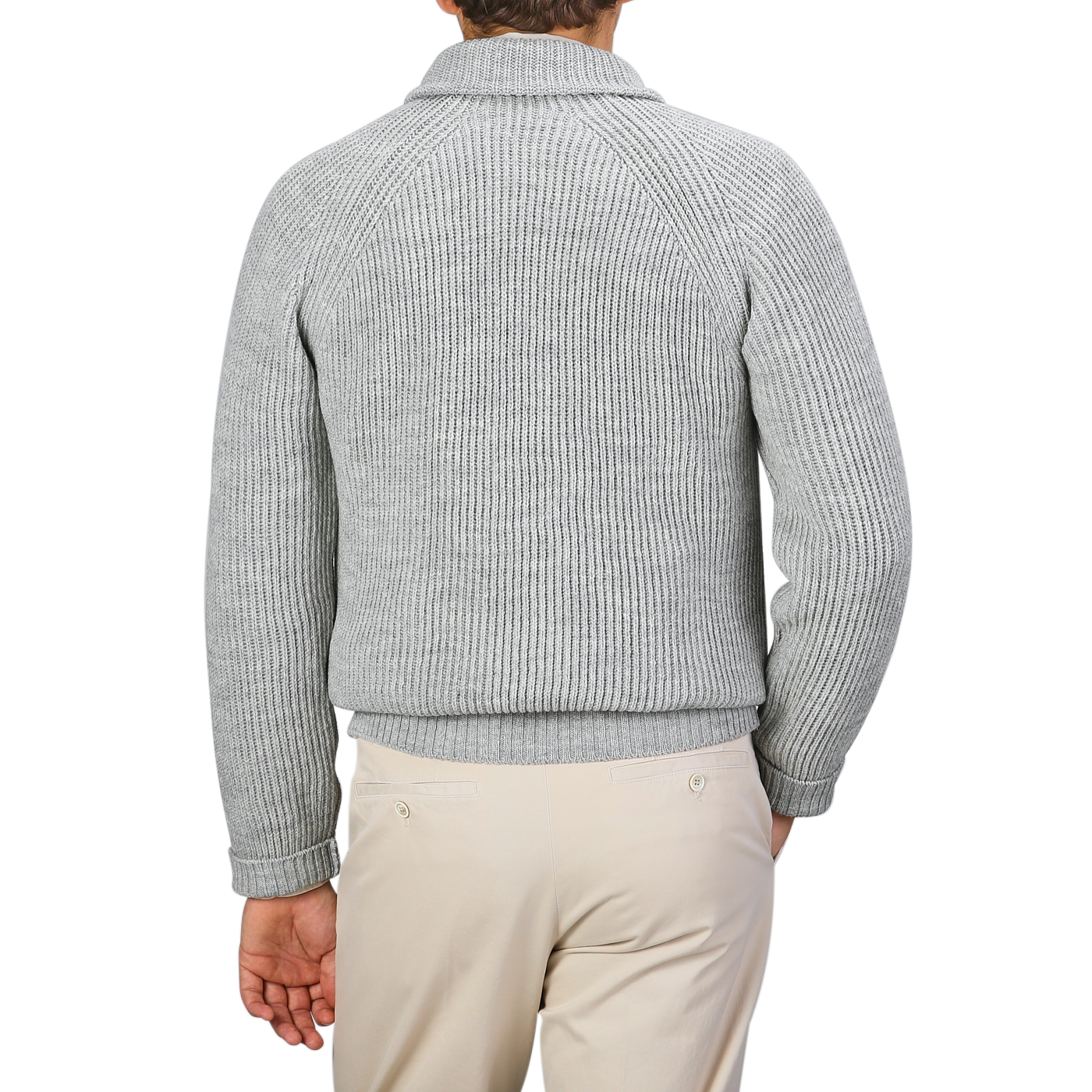 The person is wearing a Light Grey Wool Ford Zip Neck Sweater by Peregrine and beige pants, displayed from the back against a plain gray background.