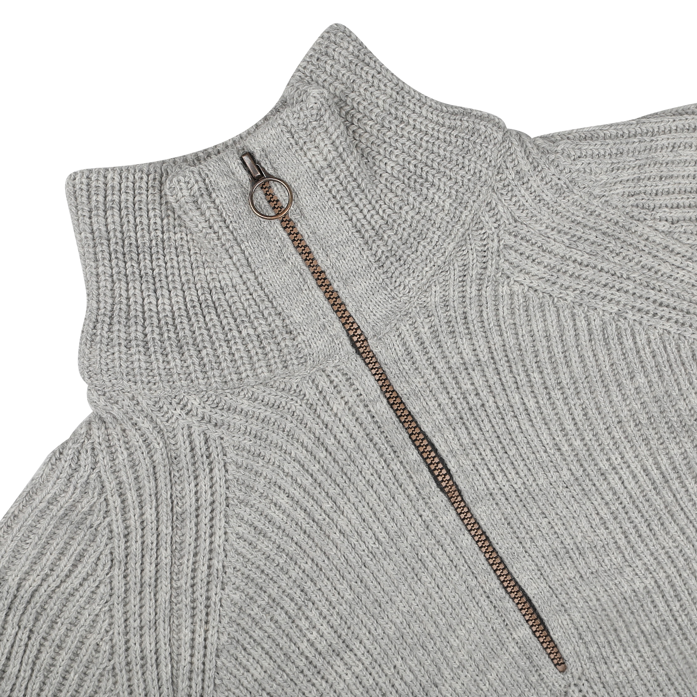 This Light Grey Wool Ford Zip Neck Sweater by Peregrine is crafted from premium British merino wool and features a ribbed knit design with a high collar and a stylish brown zip-neck closure.