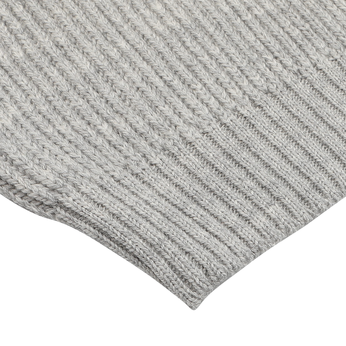 Close-up of the Light Grey Wool Ford Zip Neck Sweater by Peregrine, highlighting the intricate stitching and fibers of this premium knitted fabric with a ribbed texture.