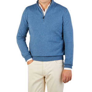 Piacenza Cashmere Blue Melange Cashmere 1:4 Zip Sweater Front