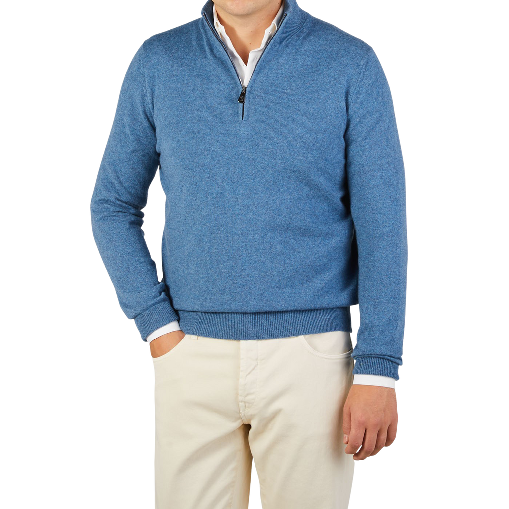 Blue Melange Cashmere 1/4 Zip Sweater