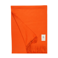 A Bright Orange Cashmere Aeternum Scarf with fringes on a white background, made by Piacenza Cashmere.