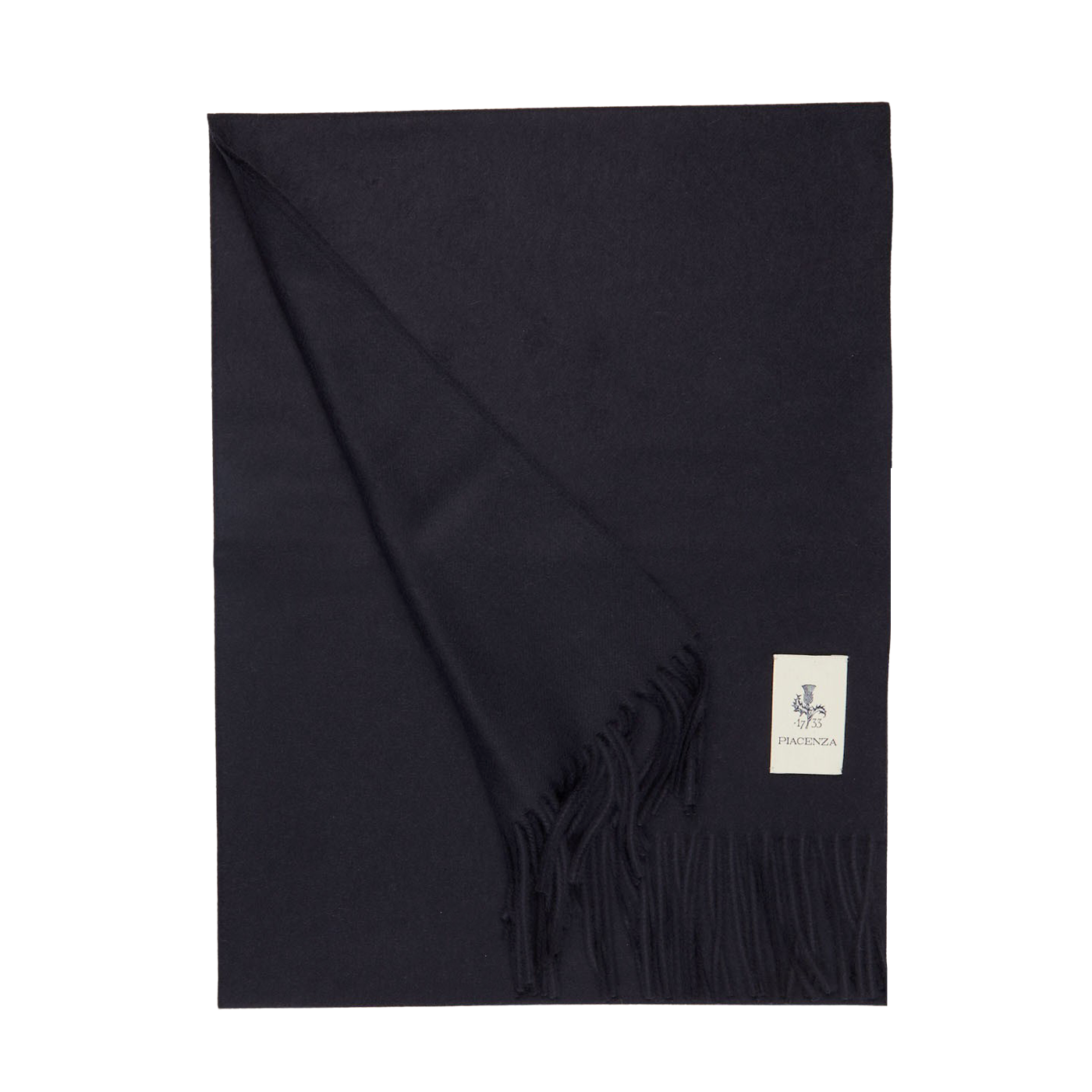 A neatly folded Dark Navy Cashmere Aeternum Scarf by Piacenza Cashmere, featuring fringed endings and a small label attached.