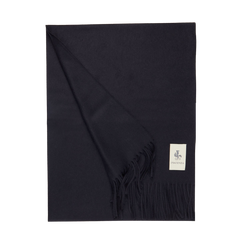 A neatly folded Dark Navy Cashmere Aeternum Scarf by Piacenza Cashmere, featuring fringed endings and a small label attached.