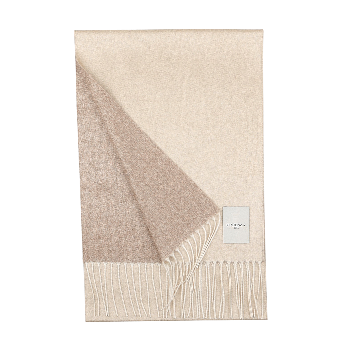 A Cream Hazelnut Two-Sided Silk Cashmere Scarf from Piacenza Cashmere, featuring fringed endings, is neatly folded with a visible label on one corner.