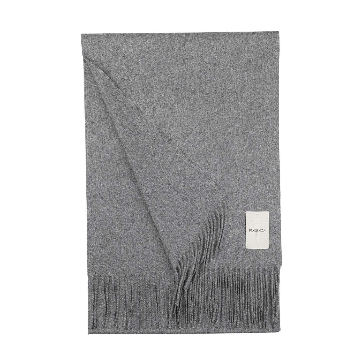 The Piacenza Cashmere Flannel Grey Aeternum Scarf, reminiscent of a luxurious fringed blanket, is folded neatly with its label proudly displayed against a pristine white background.