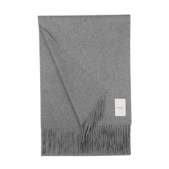 The Piacenza Cashmere Flannel Grey Aeternum Scarf, reminiscent of a luxurious fringed blanket, is folded neatly with its label proudly displayed against a pristine white background.