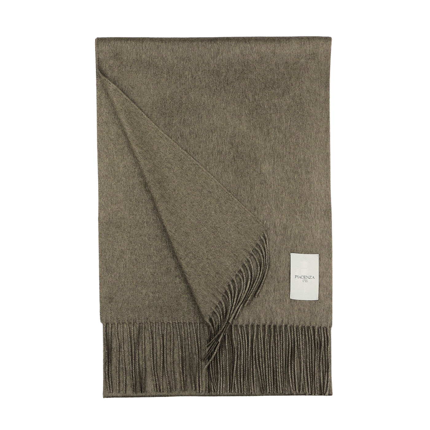 A folded moss green cashmere silk scarf with fringed endings and a white label from Piacenza Cashmere is displayed against a plain background, exuding a touch of sophistication.