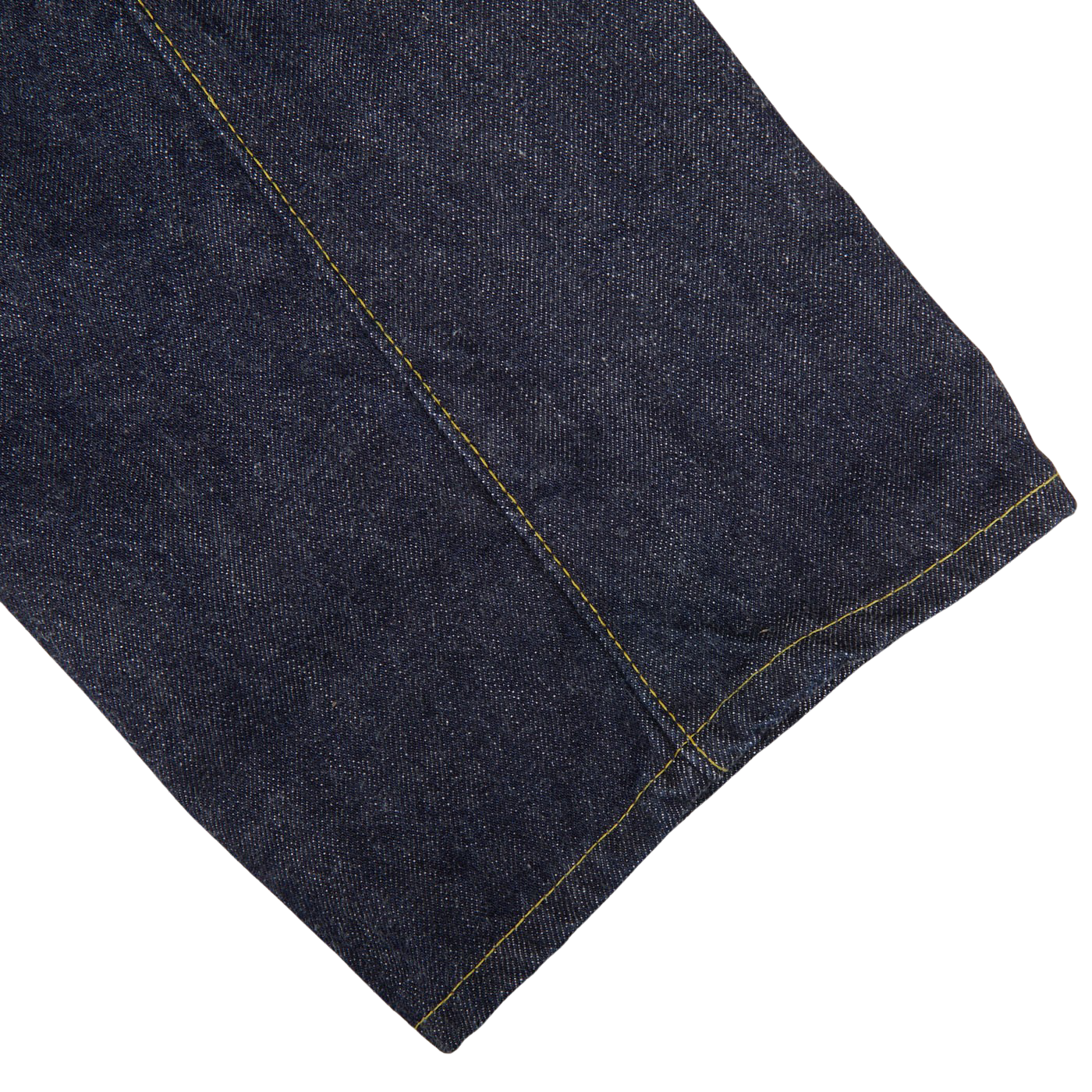 Close-up of Resolute's Dark Blue Cotton 714 One Wash Jeans with visible yellow stitching on a light gray background.