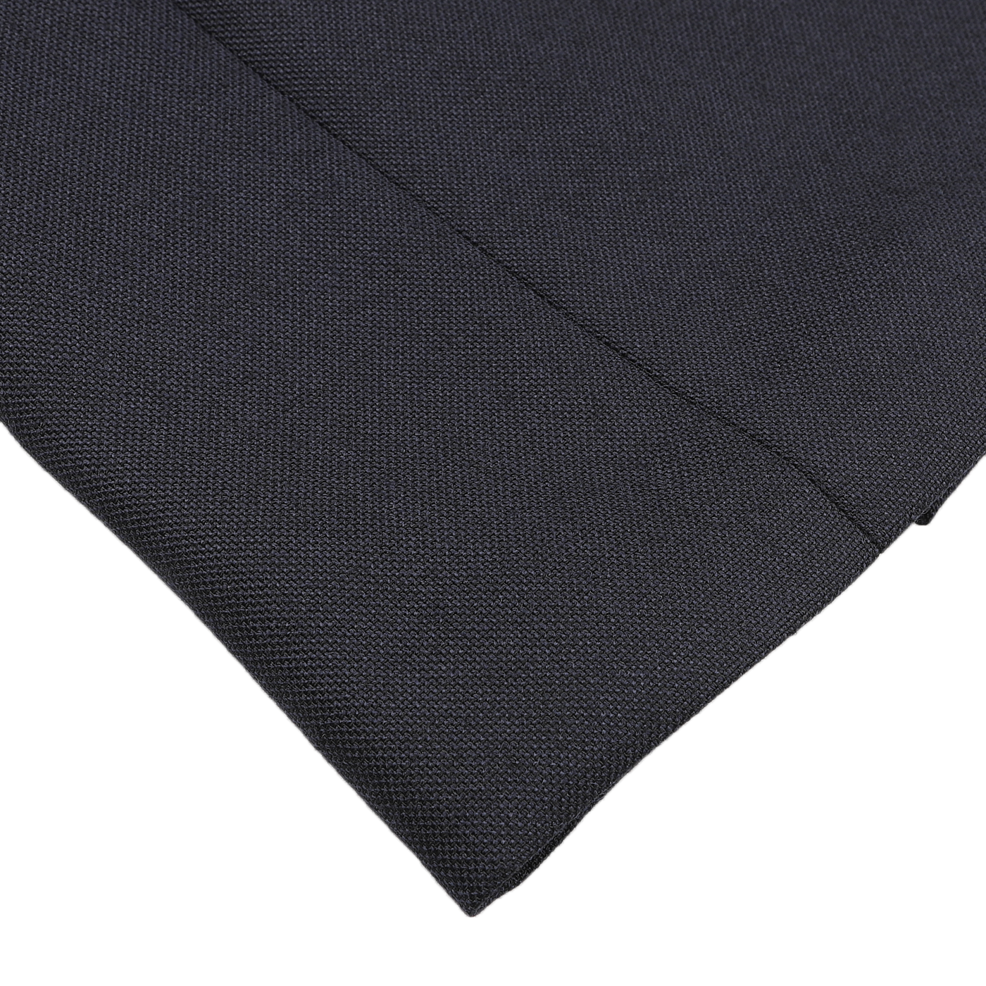 Close-up of a folded corner of the Ring Jacket Navy Blue Calm Twist Wool Suit, showcasing its elegance. The edge displays clean lines with subtle stitching, set against a white background.