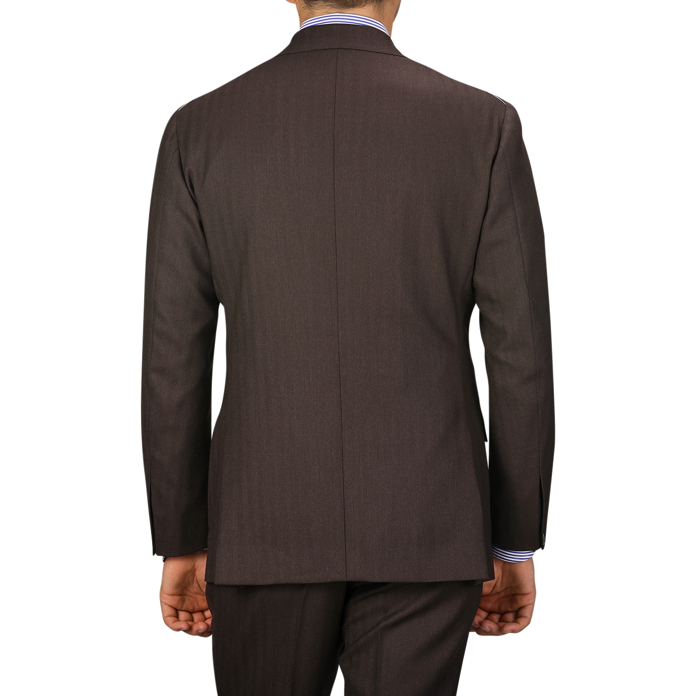 A person wearing a Brown Herringbone Calm Twist Wool Suit by Ring Jacket, including the suit jacket and matching trousers, viewed from the back.