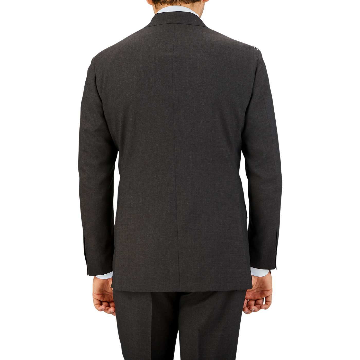 Rear view of a man in a Ring Jacket Dark Brown High Twist Wool Suit jacket and matching trousers, standing against a neutral background.