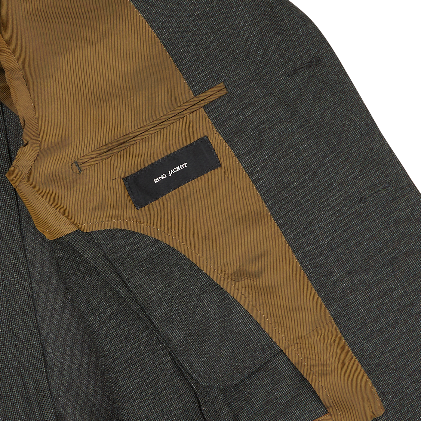 Close-up of an open Ring Jacket Dark Green Wool Balloon Travel Blazer revealing a tan inner lining and a black label reading "Best Jacket.