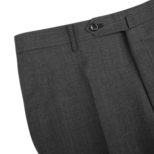 A close up of Ring Jacket's Grey High Twist Wool Suit pants made from wool fresco fabric.