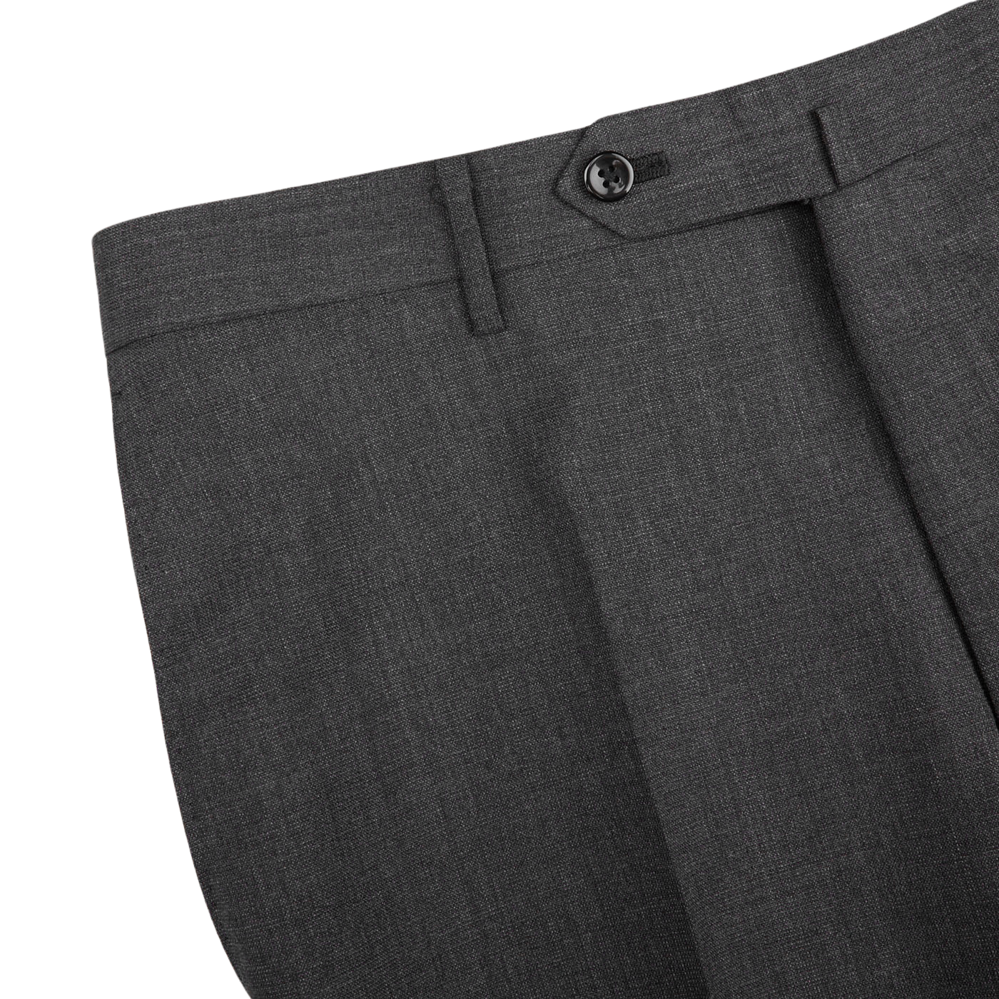 A close up of Ring Jacket's Grey High Twist Wool Suit pants made from wool fresco fabric.