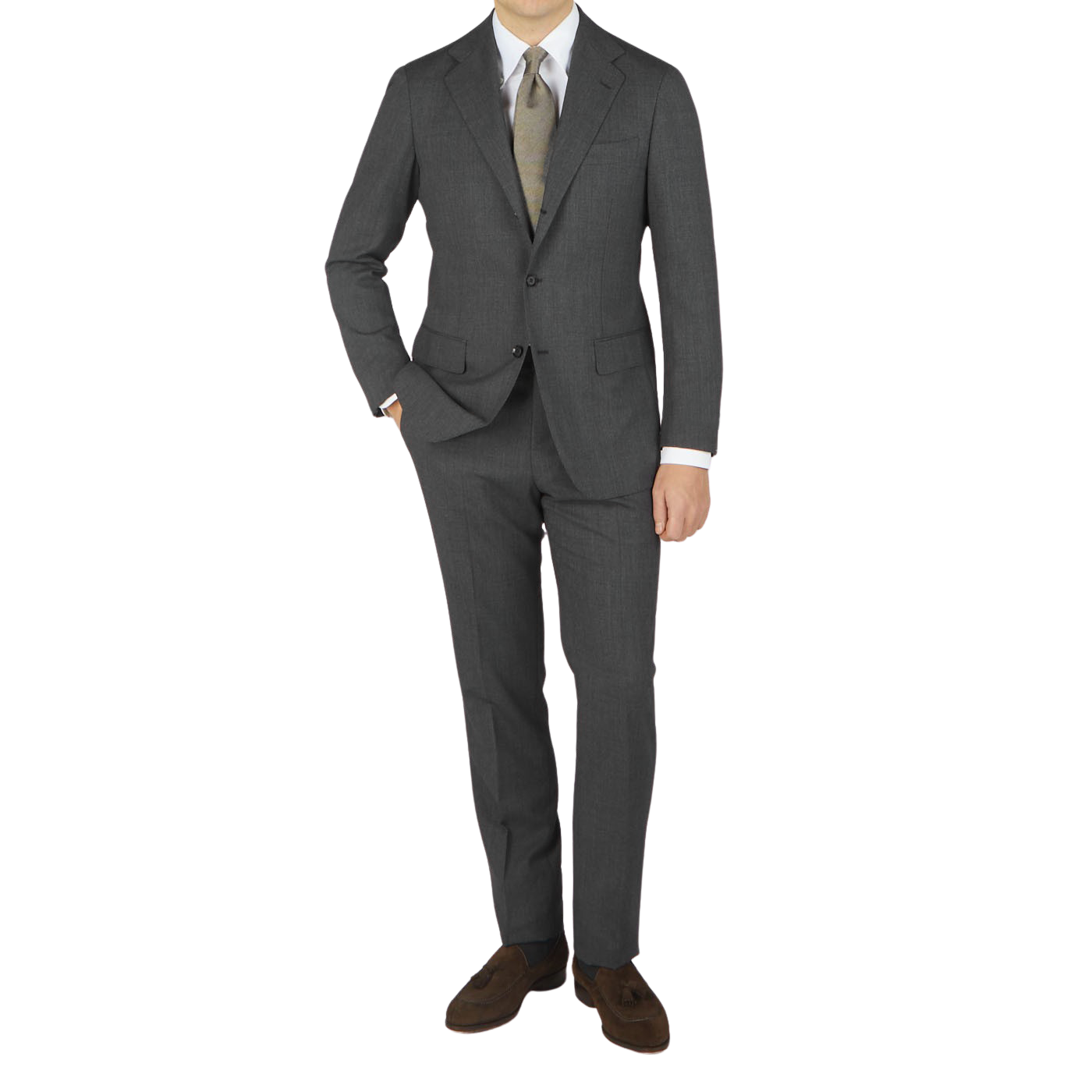 A man is posing in a Grey High Twist Wool Suit made by Ring Jacket.