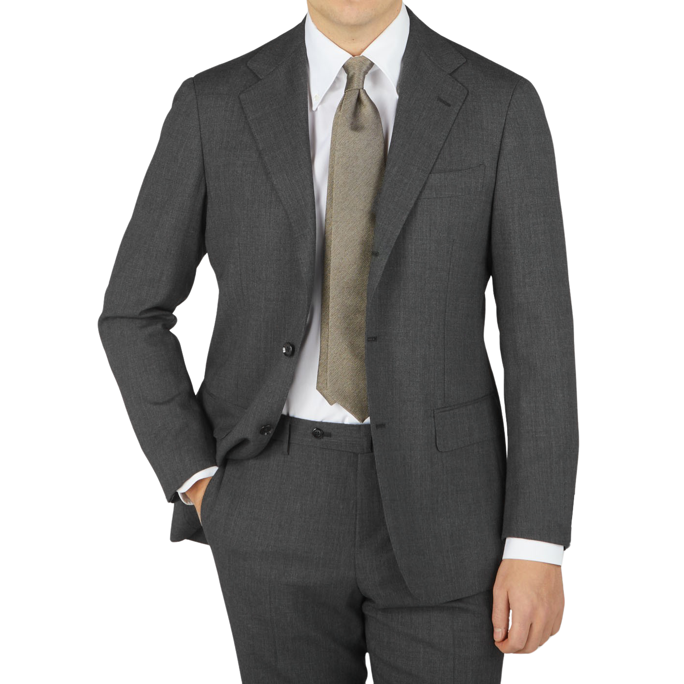 A contemporary version of a man wearing a Ring Jacket Grey High Twist Wool Suit, complete with a tie.
