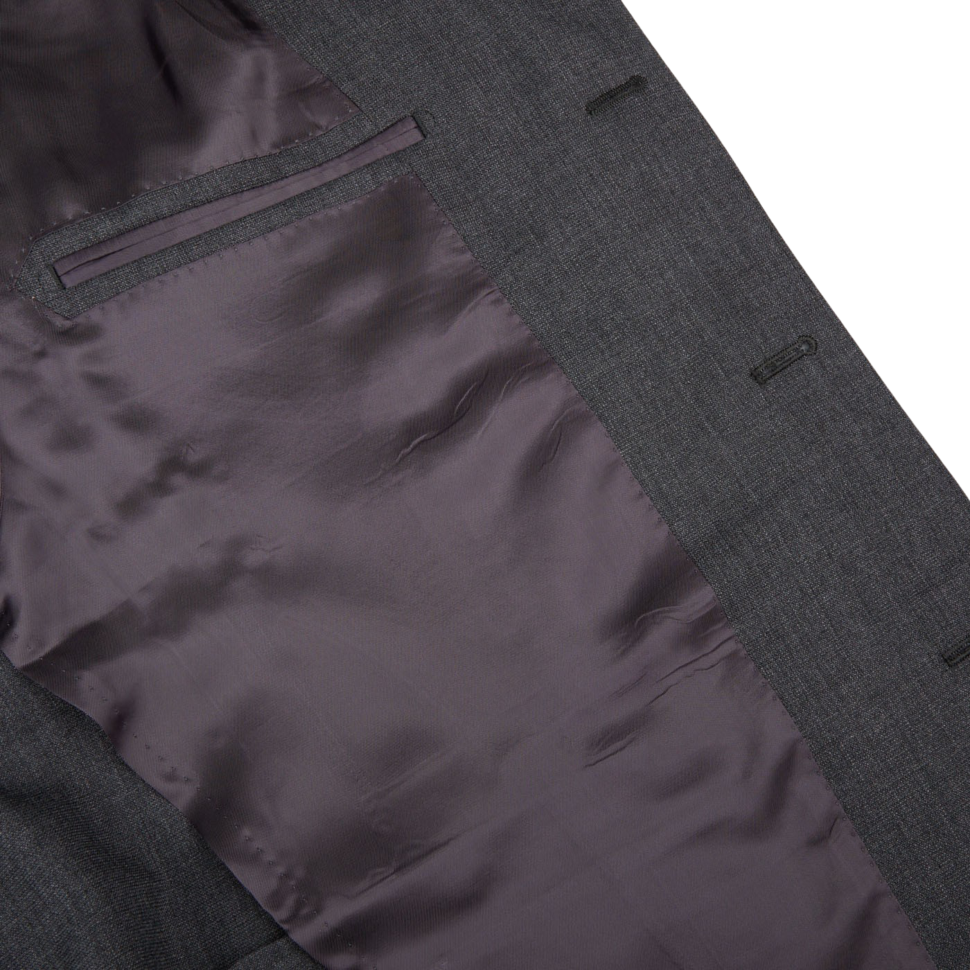 A close up of a full canvas Ring Jacket Grey High Twist Wool Suit with a purple pocket.