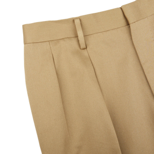 A close up of a Ring Jacket Khaki Beige Cotton Twill Pleated Trousers.