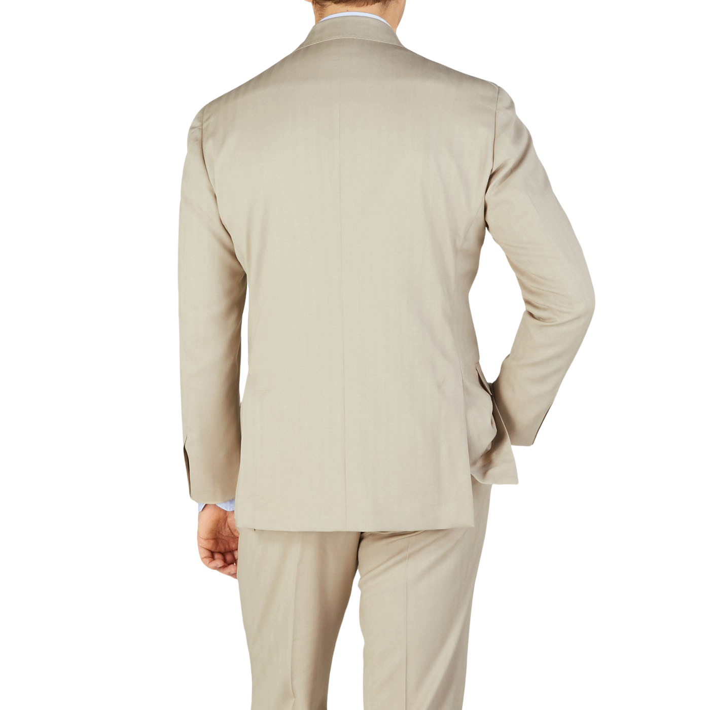The back view of a man wearing a Ring Jacket Light Beige Herringbone Wool Suit.