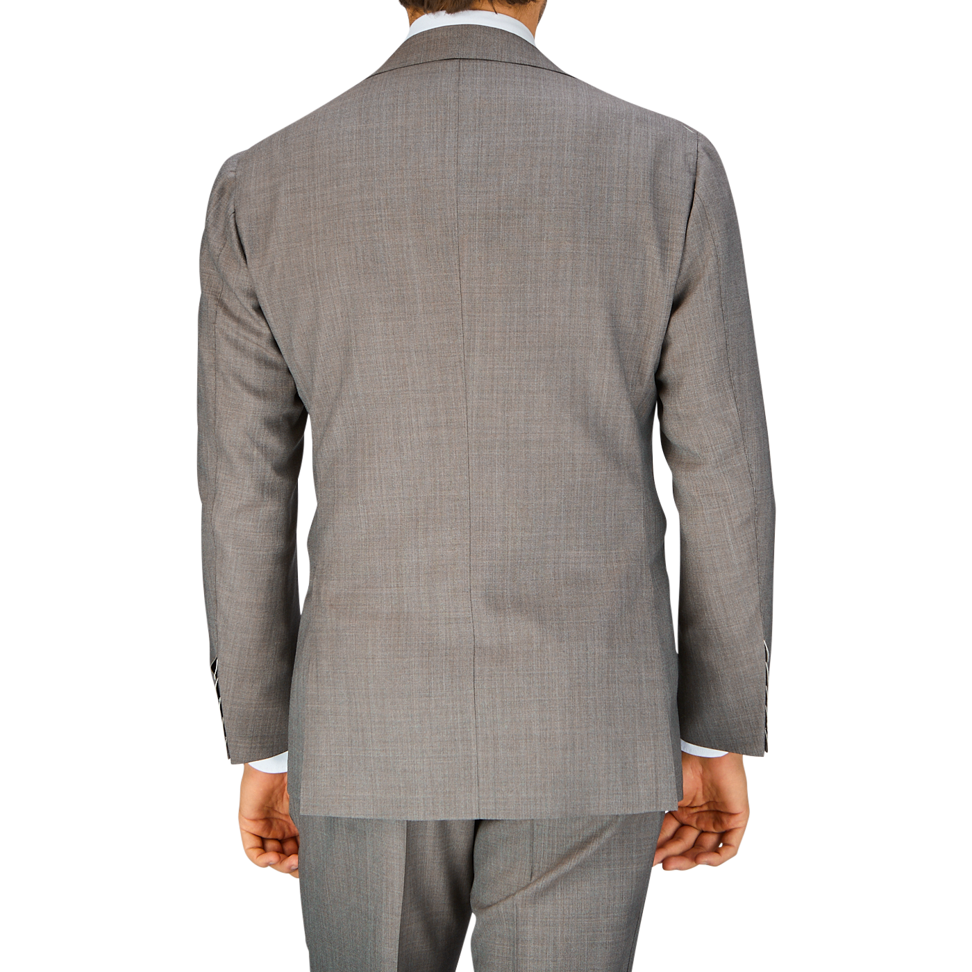 A man viewed from behind wearing a Mid Grey High-Twist Wool Ring Jacket suit jacket and pants.