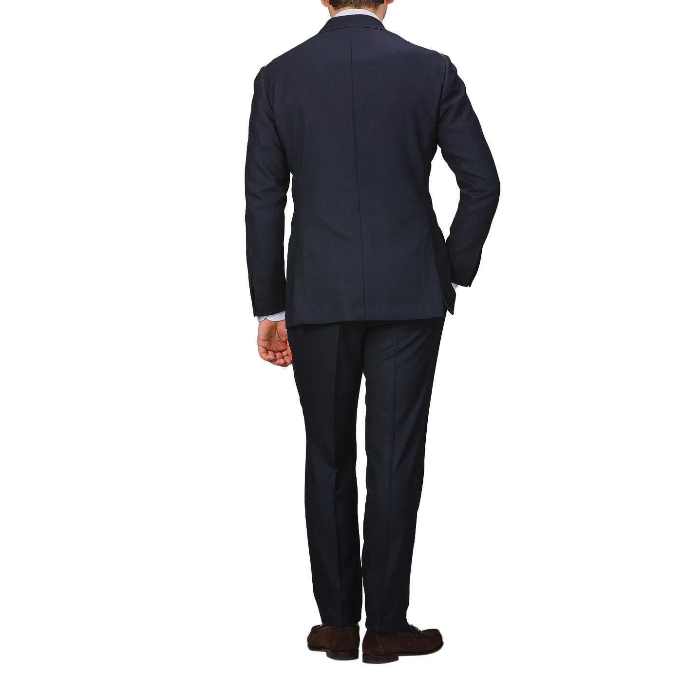 A person wearing the impeccably crafted Ring Jacket Navy Blue Calm Twist Wool Suit stands with their back to the camera, hands by their sides, against a plain background.