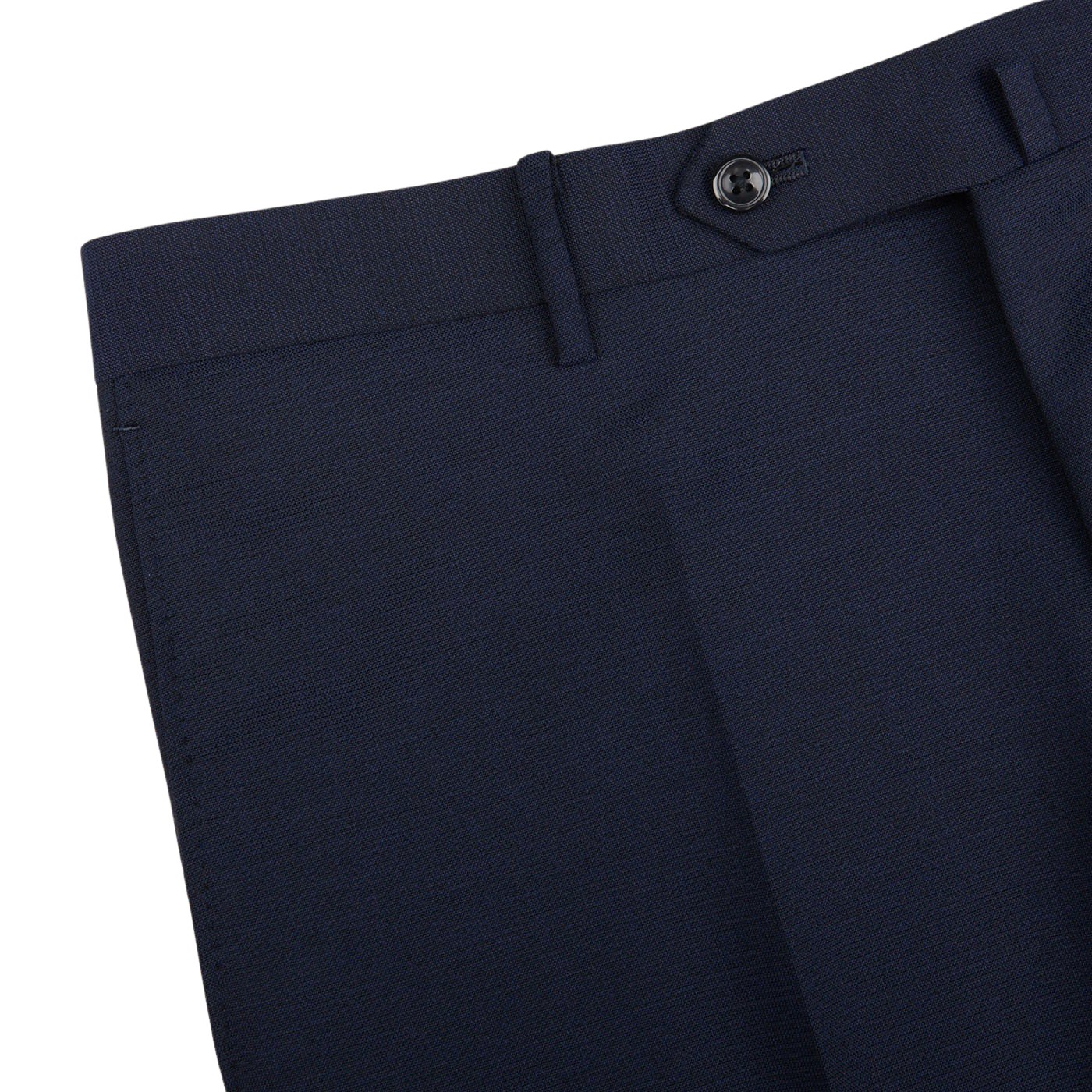 Close-up view of Ring Jacket navy blue high twist wool suit pants featuring a button closure and tailored details on a light background.