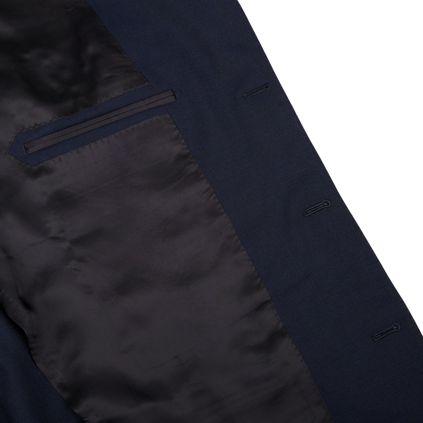Close-up view of a Ring Jacket Navy Blue High Twist Wool Suit with detailed stitching and a pocket on the inside lining.