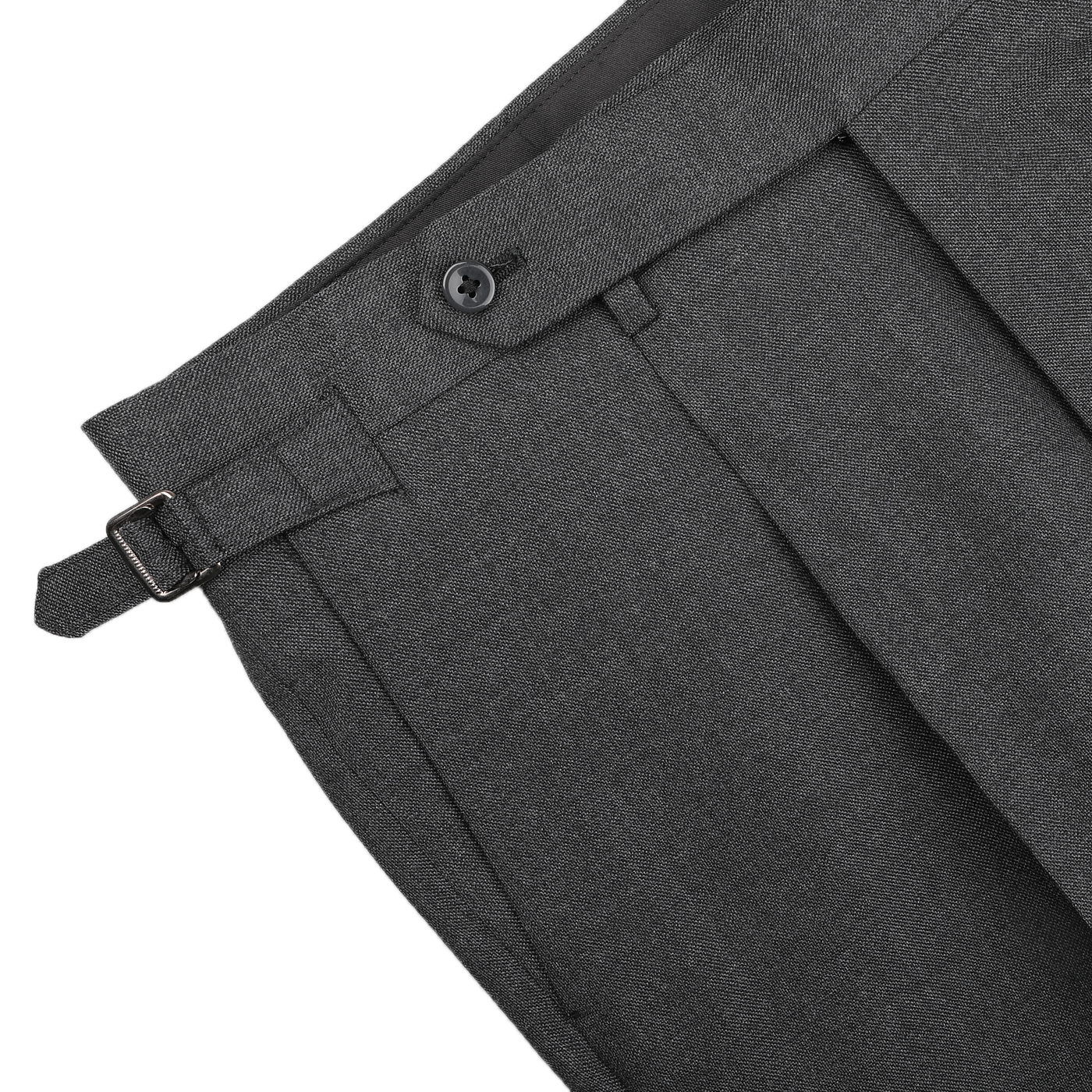 Close-up of the Grey Calm Twist Wool DB Suit by Ring Jacket, showcasing gray dress pants made from high-twist wool fabric with a waistband, button, and adjustable belt detail on a white background.