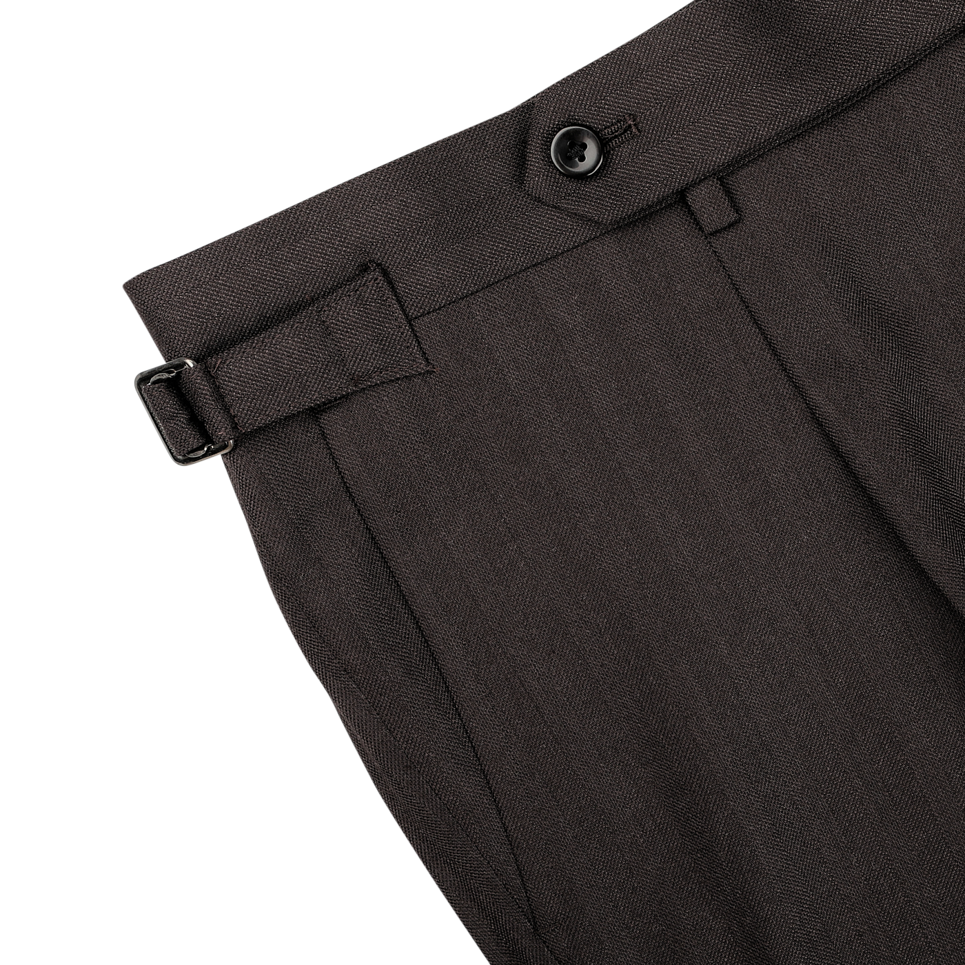 Close-up of a pair of dark brown dress pants from Ring Jacket's Brown Herringbone Calm Twist Wool Suit, crafted from high-twist wool fabric and highlighting the waistband with a black decorative button, belt loop, and adjustable side buckle.