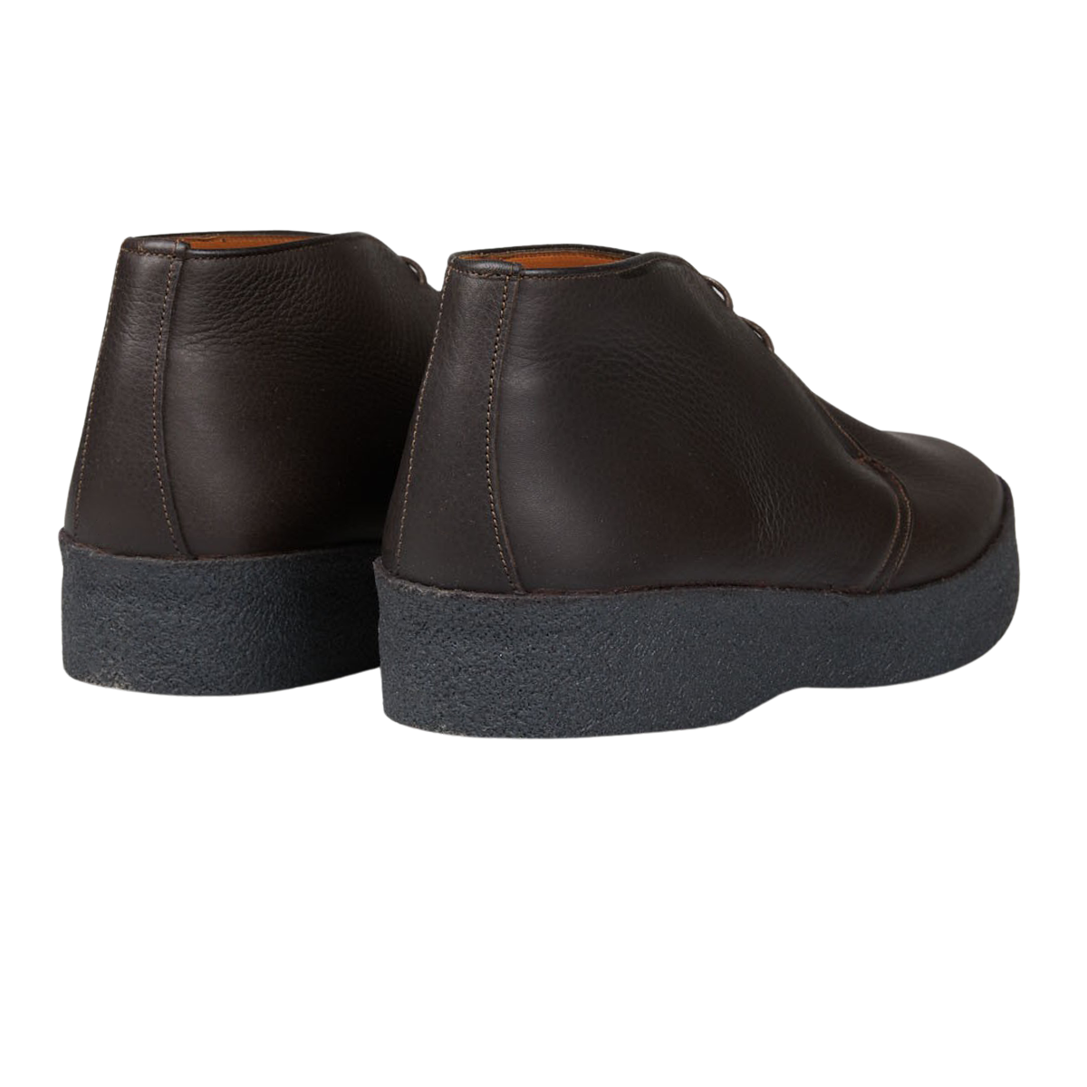 A pair of Sanders Dark Brown Savage Grain Hi Top Chukka Boots with a rubber sole.