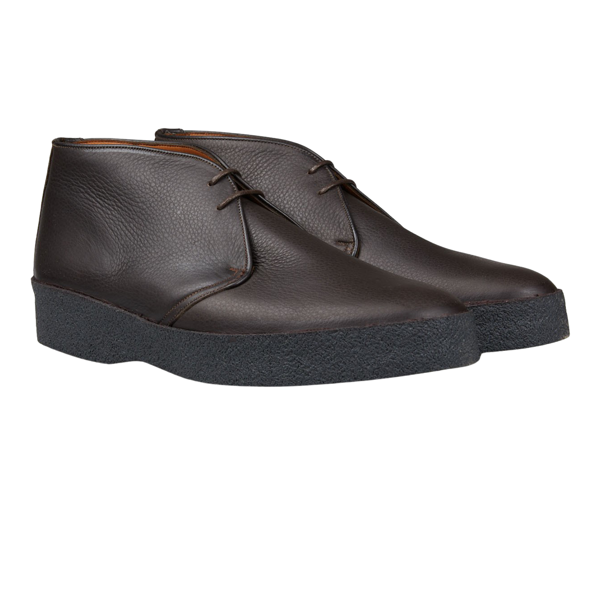 A pair of Dark Brown Savage Grain Hi Top Chukka Boots by Sanders with rubber crepe soles.